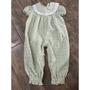 Vintage Rose Cottage Kid's Green gingham one Piece eyelet Romper Size 18M